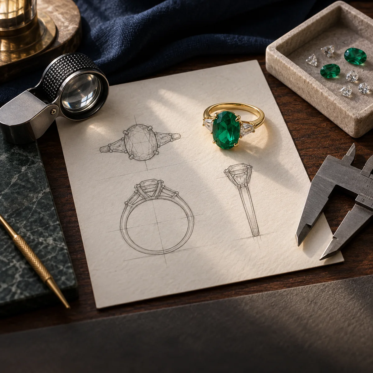Custom ring with sketches and jeweller tools