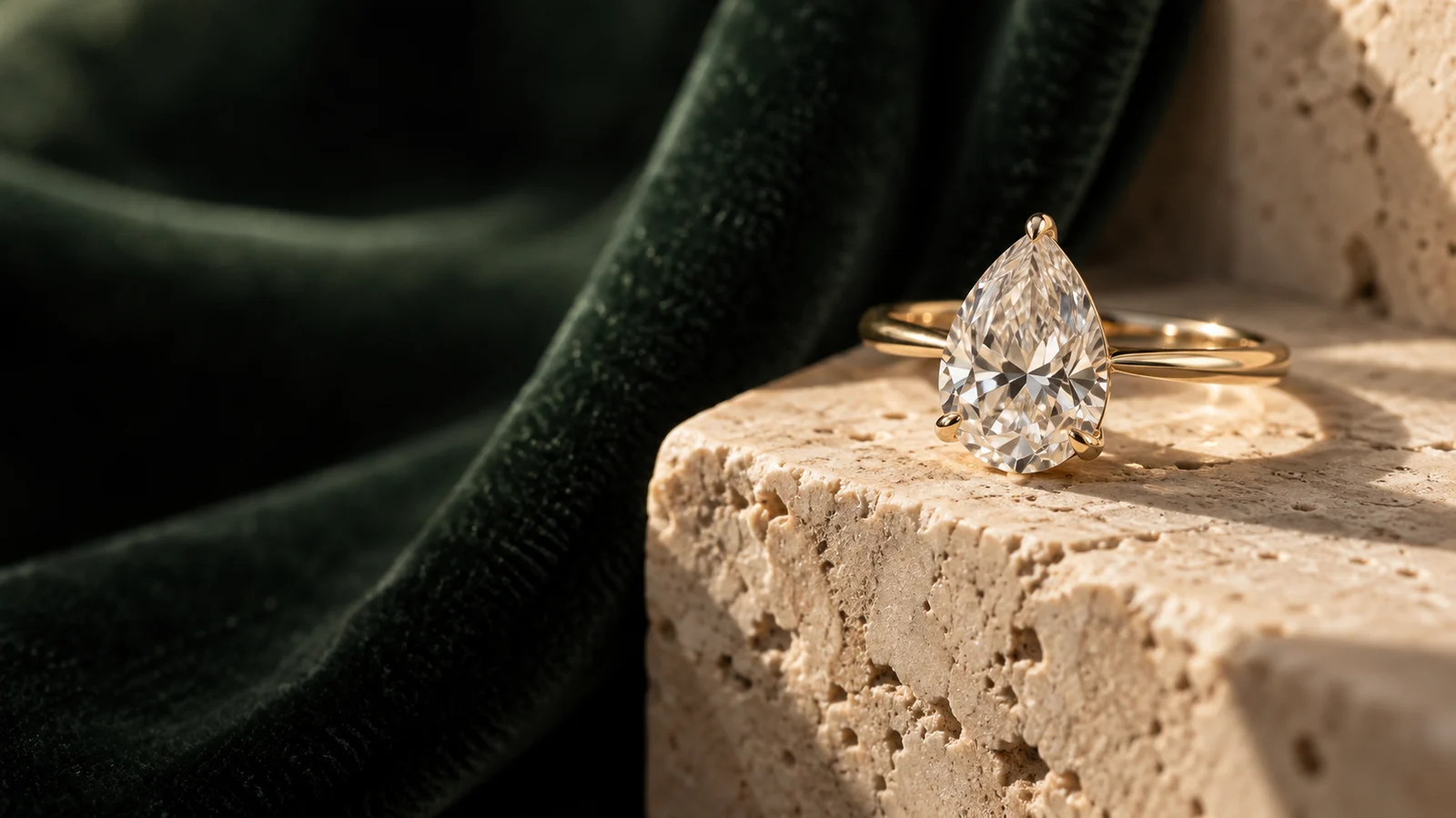 Diamond ring on stone and velvet
